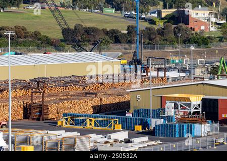 Hobart Tasmanie, les fournitures forestières de bois prêtes à l'exportation, il n'a pas eu d'option viable à long terme pour des centaines de milliers de tonnes de déchets de bois Banque D'Images