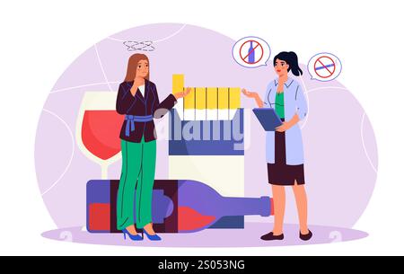 Concept thérapeutique de l'alcoolisme. Femme et docteur se tiennent près de la bouteille vide de vin et paquet de cigarettes. Mode de vie malsain et mauvaises habitudes. Mental et Illustration de Vecteur