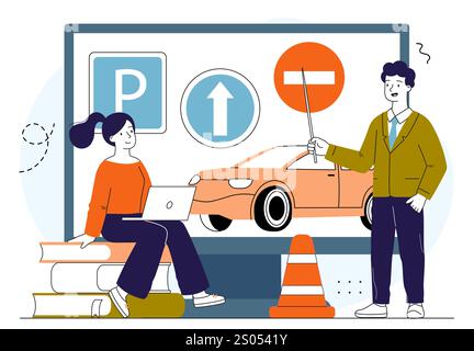 Leçon de conduite scolaire. Homme et femme avec des panneaux de signalisation près de la voiture. Éducation et formation. Théorie pour les conducteurs. Étudiant apprenant les règles de circulation. Test ou Illustration de Vecteur