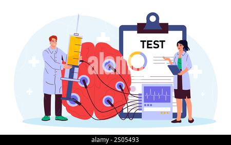 Les médecins mènent des recherches sur le cerveau. Femme et homme en uniforme médical près du cerveau avec des capteurs. Les neurologues examinent les organes internes. Diagnostic et traitement Illustration de Vecteur