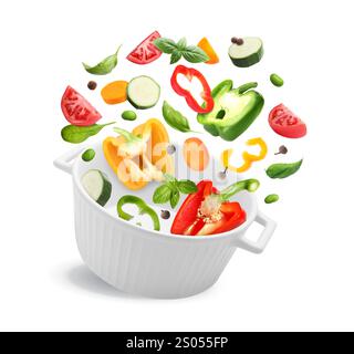 Légumes pour soupe et pot dans l'air sur fond blanc Banque D'Images