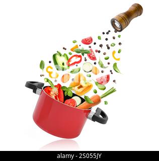 Légumes pour soupe et pot dans l'air sur fond blanc Banque D'Images