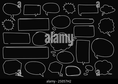 Un ensemble de bulles de discours dessinées à la main avec des spécifications blanches sur un fond noir, avec des styles de doodle et de croquis. Illustration de Vecteur