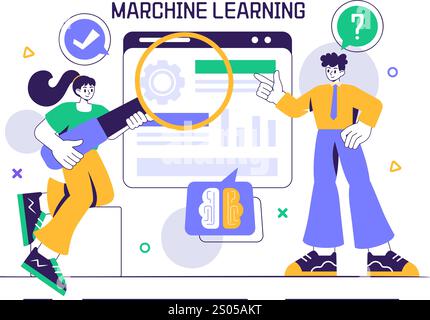 Illustration vectorielle d'apprentissage automatique présentant des emplois en intelligence artificielle, des scientifiques travaillant avec des Big Data et des ingénieurs en technologie en arrière-plan Illustration de Vecteur
