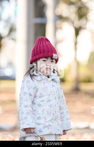 Une jeune fille japonaise de 3 ans portant un chapeau tricoté rouge et une veste en duvet blanche se tient avec des feuilles tombées par un après-midi froid d'hiver dans un étang de parc à Ha Banque D'Images