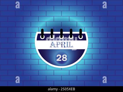 Avril 28 signe de calendrier sur fond de mur de briques néon bleu. Style plat. Date, jour et mois. Illustration vectorielle. Illustration de Vecteur