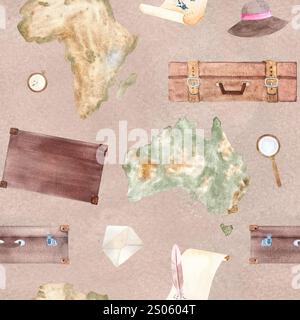Valises, parchemin avec l'Australie, carte de l'Afrique, chapeau de soleil, loupe aquarelle motif sans couture sur fond moka. Dessiné à la main pour stationnaire Banque D'Images