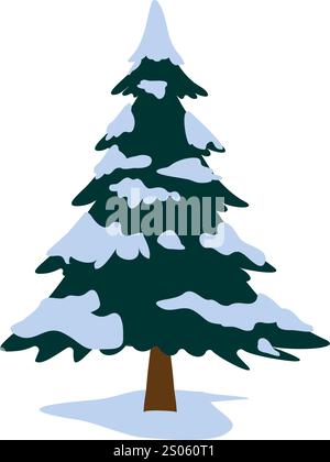 Arbre de pin en hiver saison neigeuse. Arbre de Noël avec de la neige sur des branches isolées sur fond blanc. Épinette ou arbre de conifères vert dans le style de bande dessinée. Illustration de Vecteur