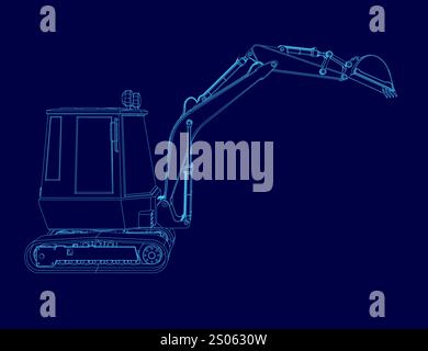 Dessin bleu d'un véhicule de construction avec une grande pelle à l'arrière. Le dessin est en bleu et est très détaillé Illustration de Vecteur