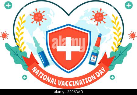 Illustration de la Journée nationale de vaccination célébrée le 16 mars, avec une seringue de vaccin pour promouvoir une immunité et des soins de santé forts en arrière-plan Illustration de Vecteur