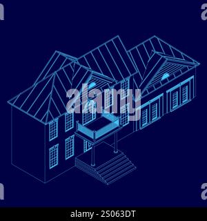 Maison bleue avec toit et balcon. La maison est représentée dans un dessin 3D. Vue isométrique Illustration de Vecteur