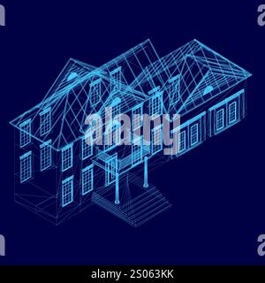 Maison bleue avec toit et fenêtres. La maison est représentée dans un modèle 3D. Vue isométrique Illustration de Vecteur