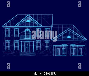 Maison bleue avec toit et garniture. La maison est une maison de deux étages avec un grand porche. Les fenêtres sont grandes et régulièrement espacées Illustration de Vecteur