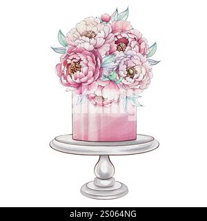 Aquarelle douce capture un superbe gâteau surmonté de pivoines en fleurs, reposant élégamment sur un simple socle, évoquant la beauté florale Illustration de Vecteur