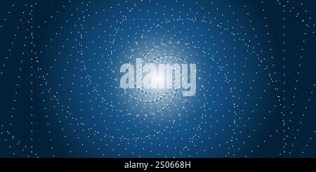 Fond abstrait de style moderne 3D sombre à grande échelle avec motif de lignes sinueuses pointillées spiralées et lumière blanche au centre - illumination dans Illustration de Vecteur