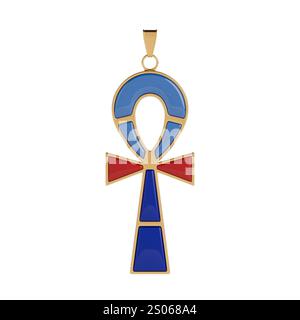 Croix de bijoux de luxe Golden Ankh de style égyptien sur fond blanc. Rendu 3D. Banque D'Images