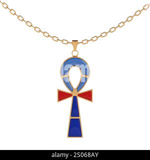 Croix de bijoux de luxe Golden Ankh style égyptien avec chaîne dorée sur fond blanc. Rendu 3D. Banque D'Images