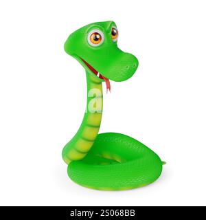 Personne de personnage de serpent de dessin animé vert sur un fond blanc. Rendu 3D. Banque D'Images