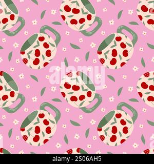 Modèle sans couture avec tasse décorée de cerise, feuilles vertes et fleurs blanches sur un fond rose dans un style plat. Idéal pour la conception de tissu, papier d'emballage Illustration de Vecteur