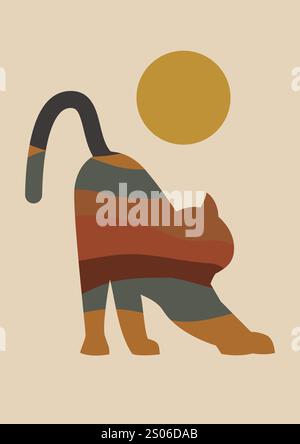 Chat noir et soleil esthétique style boho optimisé Illustration 2d de Kitty domestique Illustration de Vecteur