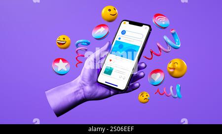 Une main robotique violette tient un smartphone avec une interface de médias sociaux, entouré d'icônes 3D comme les emojis, les likes et le Wi-Fi. La conception le met en évidence Banque D'Images