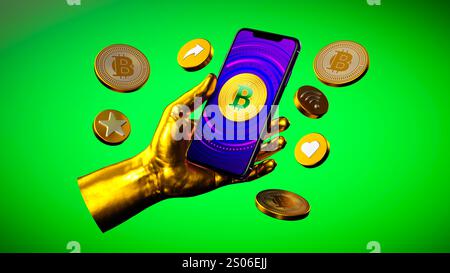 Main robotique en or tenant un smartphone avec un symbole Bitcoin, entouré de pièces flottantes. Fond vert vif, soulignant la crypto-monnaie, fil Banque D'Images
