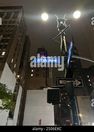 Panneau de la cinquième avenue, Manhattan New York centre-ville. Signe bleu sur la façade de bâtiments flous et fond de ciel sombre,. Photo de haute qualité Banque D'Images