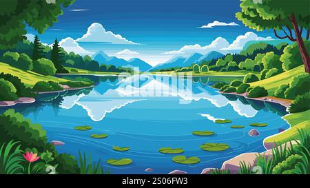 Beau paysage avec lac entouré d'arbres Illustration de Vecteur