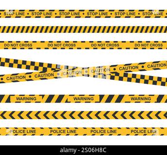 Jeu de ruban d'avertissement jaune. Rubans d'avertissement de crime. Attention, avertissement, arrêt, lignes de police. Vecteur Illustration de Vecteur
