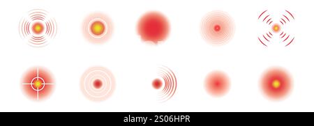 Cercles rouges d'icônes de localisation de douleur ou d'Amal. Ensemble de taches douloureuses corporelles. Douleur dans différentes parties du corps humain Illustration de Vecteur