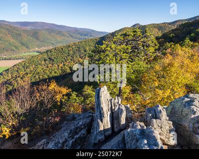 Depuis le sommet de Seneca Rocks, en Virginie-occidentale, des falaises escarpées surplombent un vaste paysage montagneux recouvert de couleurs automnales, offrant une vue spectaculaire Banque D'Images