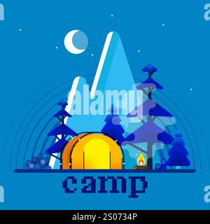 Belle illustration de tente incandescente sous le ciel clair de lune avec des montagnes et des arbres, parfait pour représenter des expériences de camping de nuit. Illustration de Vecteur