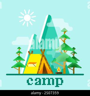 Illustration de camping lumineuse et joyeuse avec tente, feu de camp et arbres sous fond de montagne ensoleillée, représentant des aventures estivales. Illustration de Vecteur