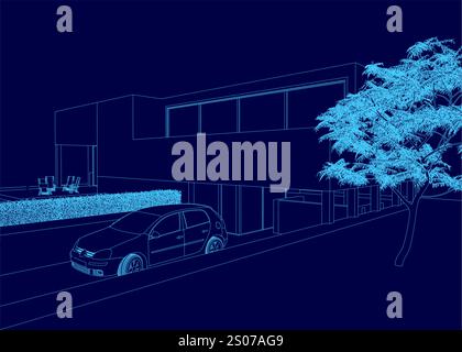 L'image est un dessin bleu d'une maison avec une voiture garée devant elle. La maison est un design moderne avec de grandes fenêtres et une apparence élégante Illustration de Vecteur