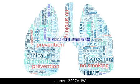 Collage de nuages de mots colorés pour le mois de sensibilisation au cancer du poumon. Concept de dépistage, d'éducation sanitaire, de promotion. Banque D'Images