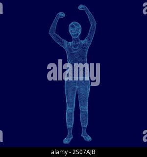La femme est debout sur un fond bleu avec ses bras levés. L'image est un numérique d'une personne, et la couleur bleue de l'arrière-plan donne un sens de Illustration de Vecteur