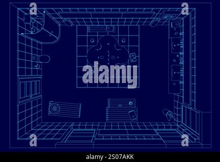 Dessin bleu d'une salle de bain avec lavabo, WC et baignoire. La pièce est montrée dans une perspective 3D, avec un coin cuisine visible en arrière-plan. Le Illustration de Vecteur