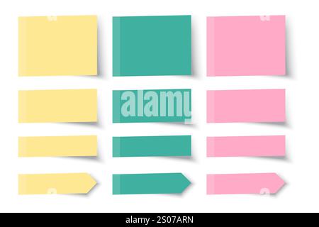 Jeu de notes adhésives. Rose, jaune, vert. Papier vectoriel coloré. Collection de formes rectangulaires. Illustration de Vecteur