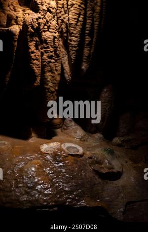 Luray, Virginie, États-Unis. 25 décembre 2024. La formation rocheuse « Fried Eggs » à Luray Caverns, à l'ouest de Luray, Virginie, États-Unis, le 25 décembre 2024. Les grottes de Luray ont attiré de nombreux visiteurs depuis leur découverte en 1878. Crédit : Aashish Kiphayet/Alamy Live News Banque D'Images