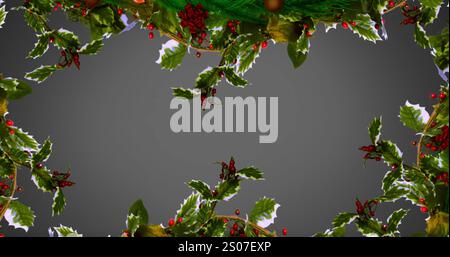 Décoratif avec des branches d'épinette, houx et baies rouges sur fond gris Banque D'Images