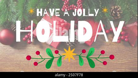 Image de avoir une bannière de texte de vacances joyeuse sur des décorations de noël et des cadeaux sur la surface en bois Banque D'Images