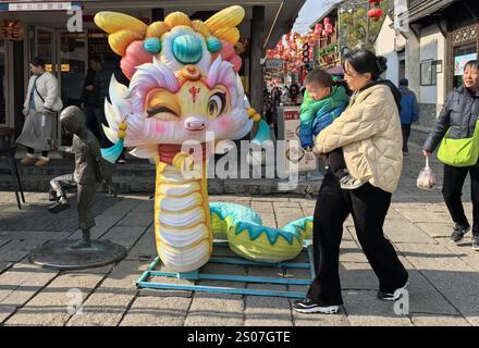 Des lanternes festives pour l'année du serpent sont installées près de la zone pittoresque de Fuzimiao dans la ville de Nanjing, dans la province du Jiangsu de l'est de la Chine, le 22 décembre 20 Banque D'Images