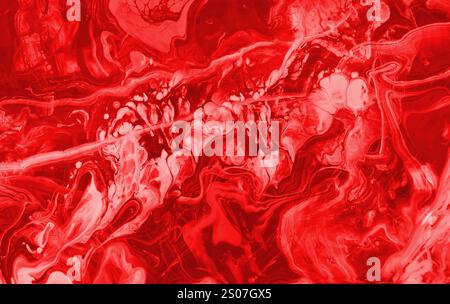 Belle abstraction de peintures liquides dans le flux de mélange lent se mélangeant ensemble doucement. Fond d'art fluide abstrait couleurs rouge et corail. Marbre liquide Banque D'Images