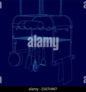 Dessin bleu d'une cuisine avec un support suspendu pour les ustensiles. Le panier est rempli de divers ustensiles tels que des cuillères, des fourchettes, des couteaux et un bol Illustration de Vecteur