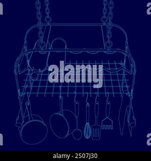 Dessin bleu d'une cuisine avec un support suspendu pour casseroles et poêles. La grille est remplie de divers ustensiles et ustensiles de cuisine Illustration de Vecteur
