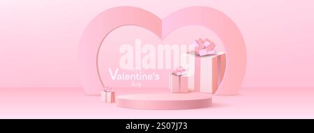 Configuration romantique rose avec podium circulaire - cadeaux enveloppés décorés avec des arcs, cadre de fond en forme de coeur, texte de voeux de Saint-Valentin. Présentoir de produits sur le thème de l'amour pastel et vitrine de cadeaux. Illustration de Vecteur