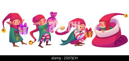 De mignons personnages d'elfe avec des cadeaux dans des poses festives - les aides du père noël portant des chaussettes rayées, des manteaux verts et de longs chapeaux rouges décorent les cadeaux, transportent des paquets et se cachent dans un sac géant. Ensemble de vacances de dessin animé. Illustration de Vecteur