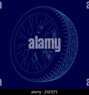 Dessin bleu d'un pneu avec jante. Le pneu est représenté en format 3D. Illustration de Vecteur