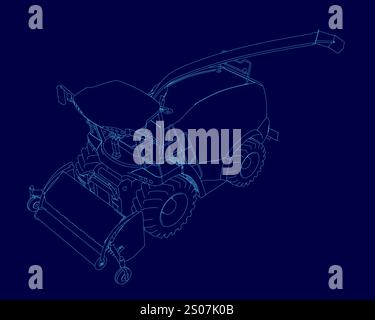 Dessin bleu d'un tracteur avec un grand silo à grains sur le dessus. Le tracteur est représenté de manière stylisée, le silo à grains occupant la majeure partie de l'image. Illustration de Vecteur