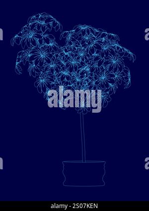 Dessin bleu d'une plante dans un pot. La plante est grande et a beaucoup de feuilles. Le dessin est très détaillé et a beaucoup de texture Illustration de Vecteur